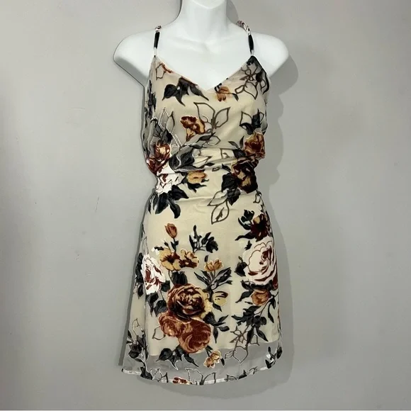 Vintage tan silky blend velvet burnout mini floral damask slip dress boho chic - Picture 2 of 7